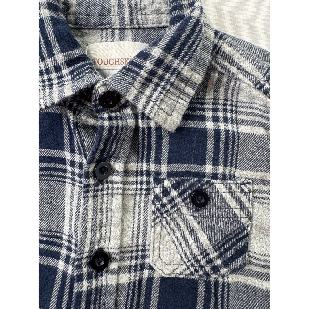 Toughskins Boys Navy Gray Plaid Flannel Button Down Shirt 3T Cotton camping long